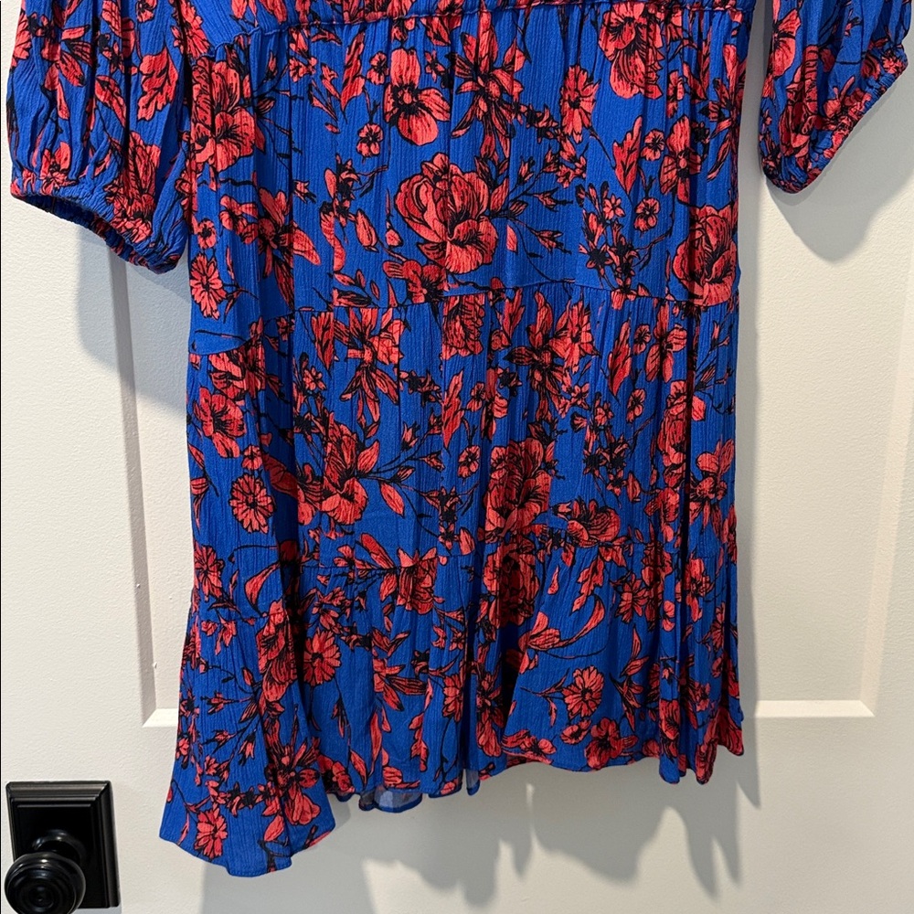 Blue & Red Floral Mini Dress with V-Neck - Picture 6 of 6